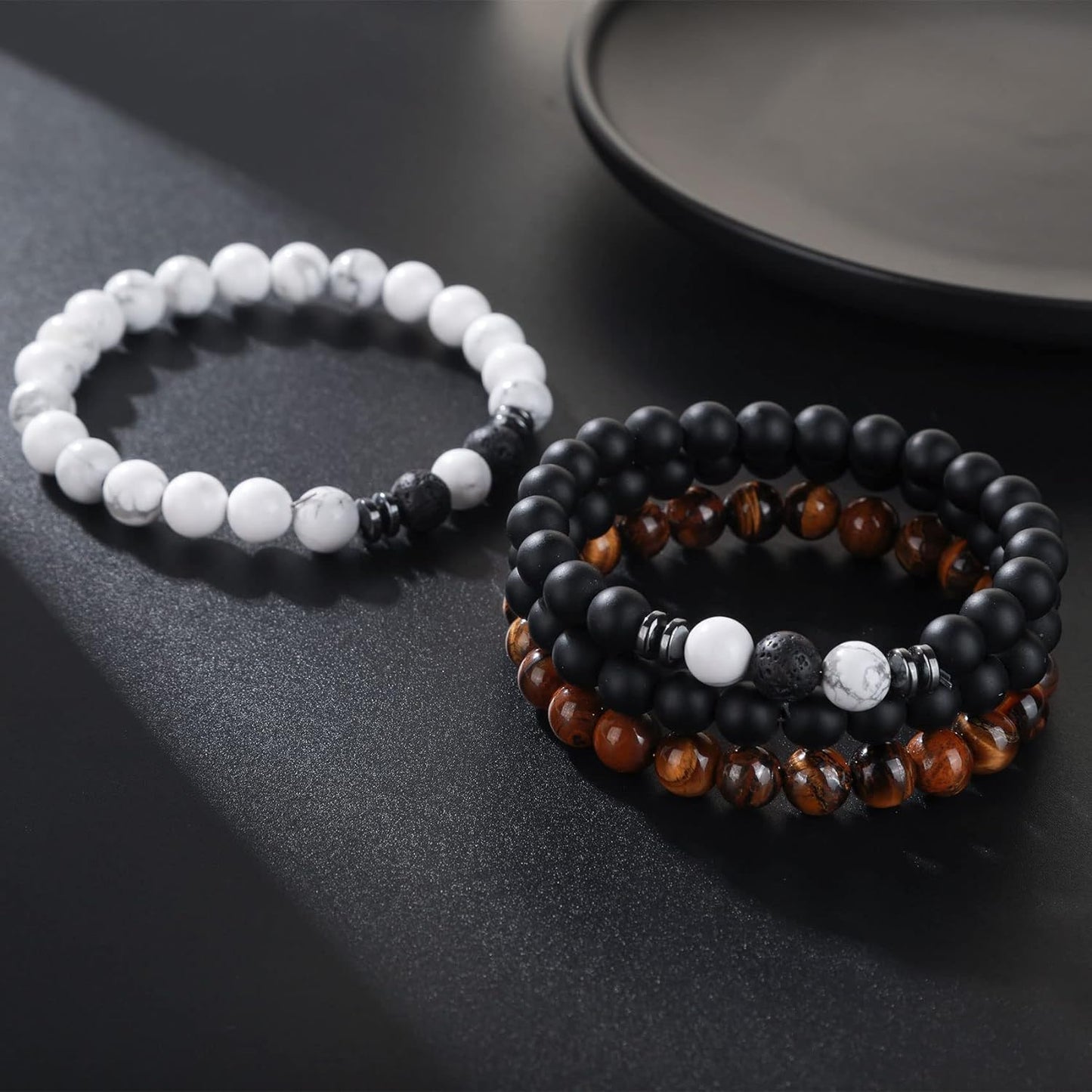 Tiger Eye Bracelet for Men 8MM Natural Stone Stretch Adjustable Black Crystal Beaded Bracelet for Men Women Gifts
