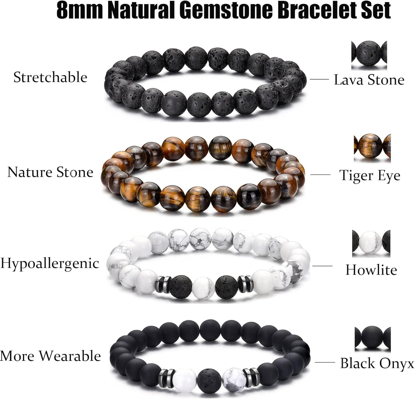 Tiger Eye Bracelet for Men 8MM Natural Stone Stretch Adjustable Black Crystal Beaded Bracelet for Men Women Gifts